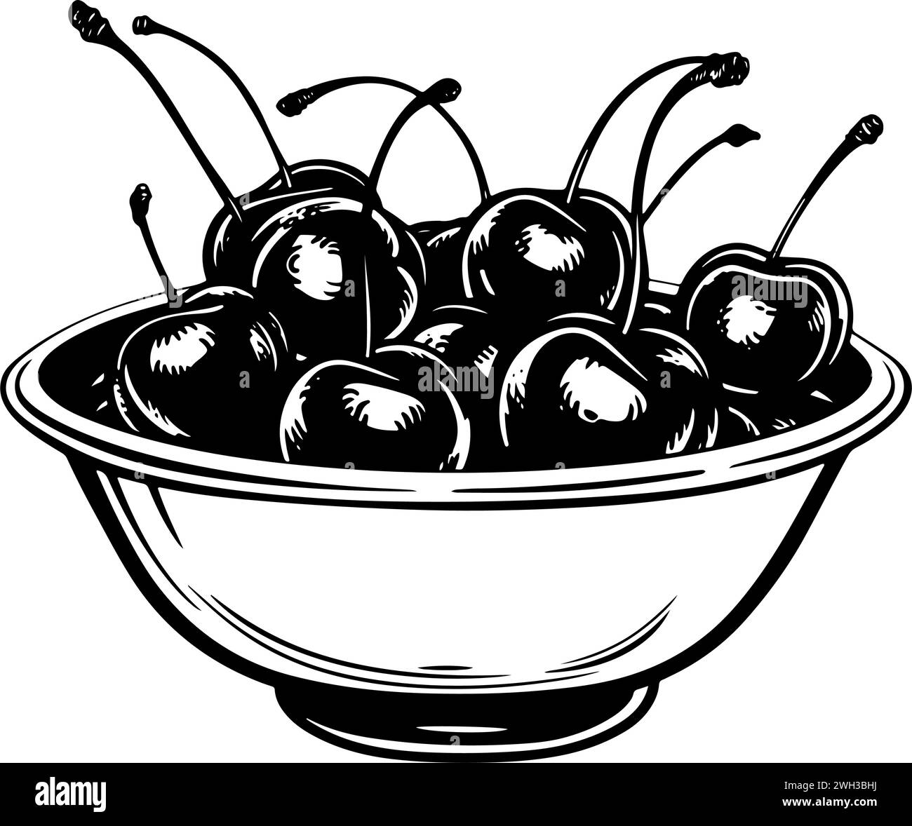 Dessin au trait à l'encre noire et blanche d'un bol de cerises Illustration de Vecteur