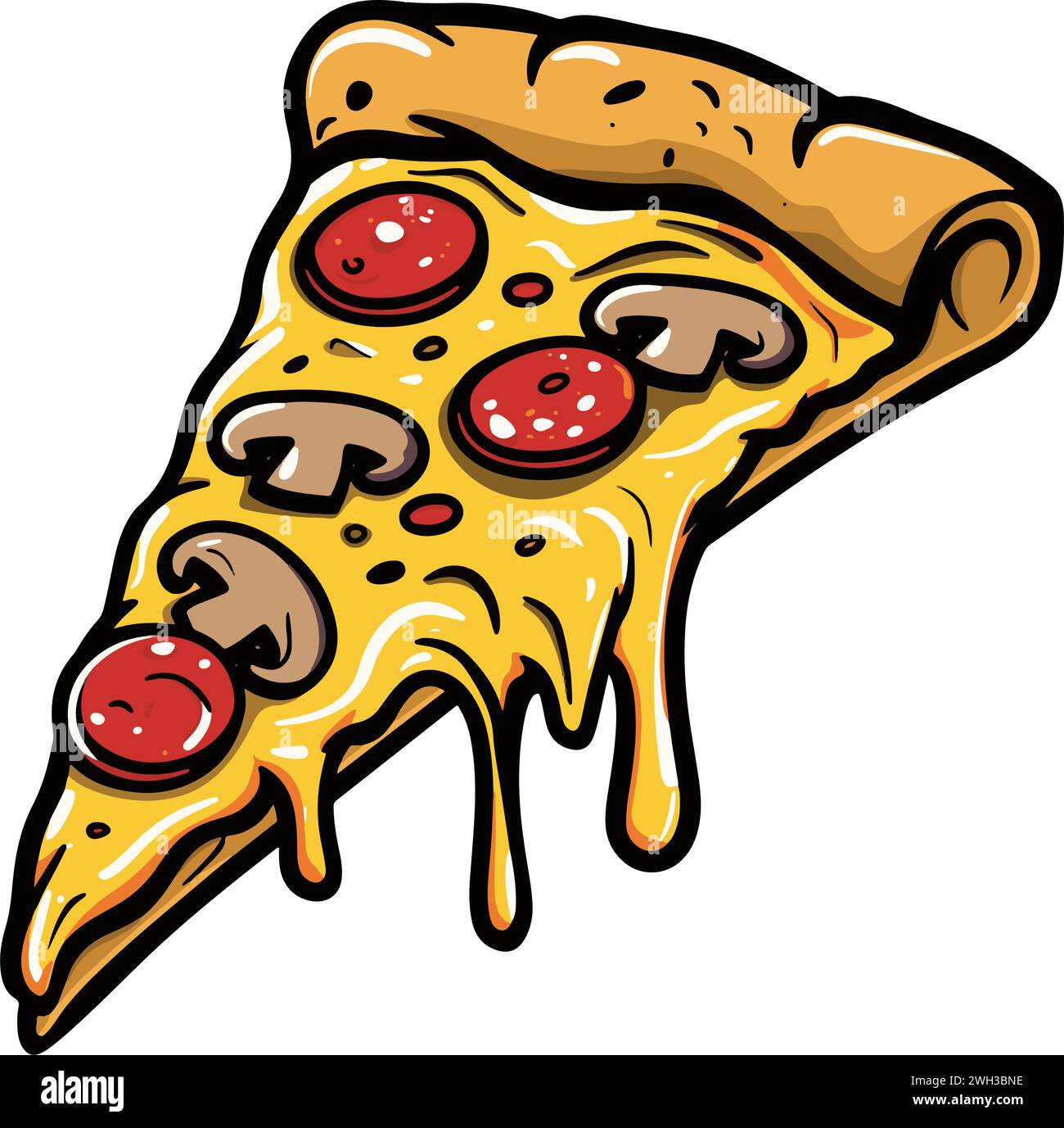 Une tranche individuelle de pizza à croûte fine avec du fromage jaune et du pepperoni égouttés et une garniture de champignons tranchés Illustration de Vecteur