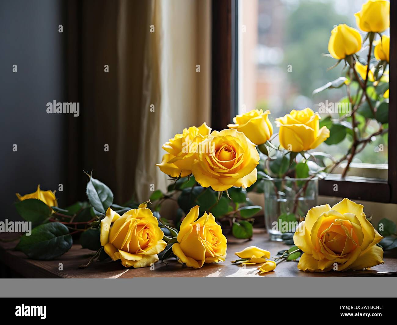 Roses jaunes devant la fenêtre. Illustration de Vecteur