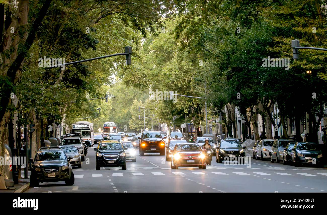 Circulation en début de soirée sur Avenida de Mayo, Buenos Aires, Argentine Banque D'Images