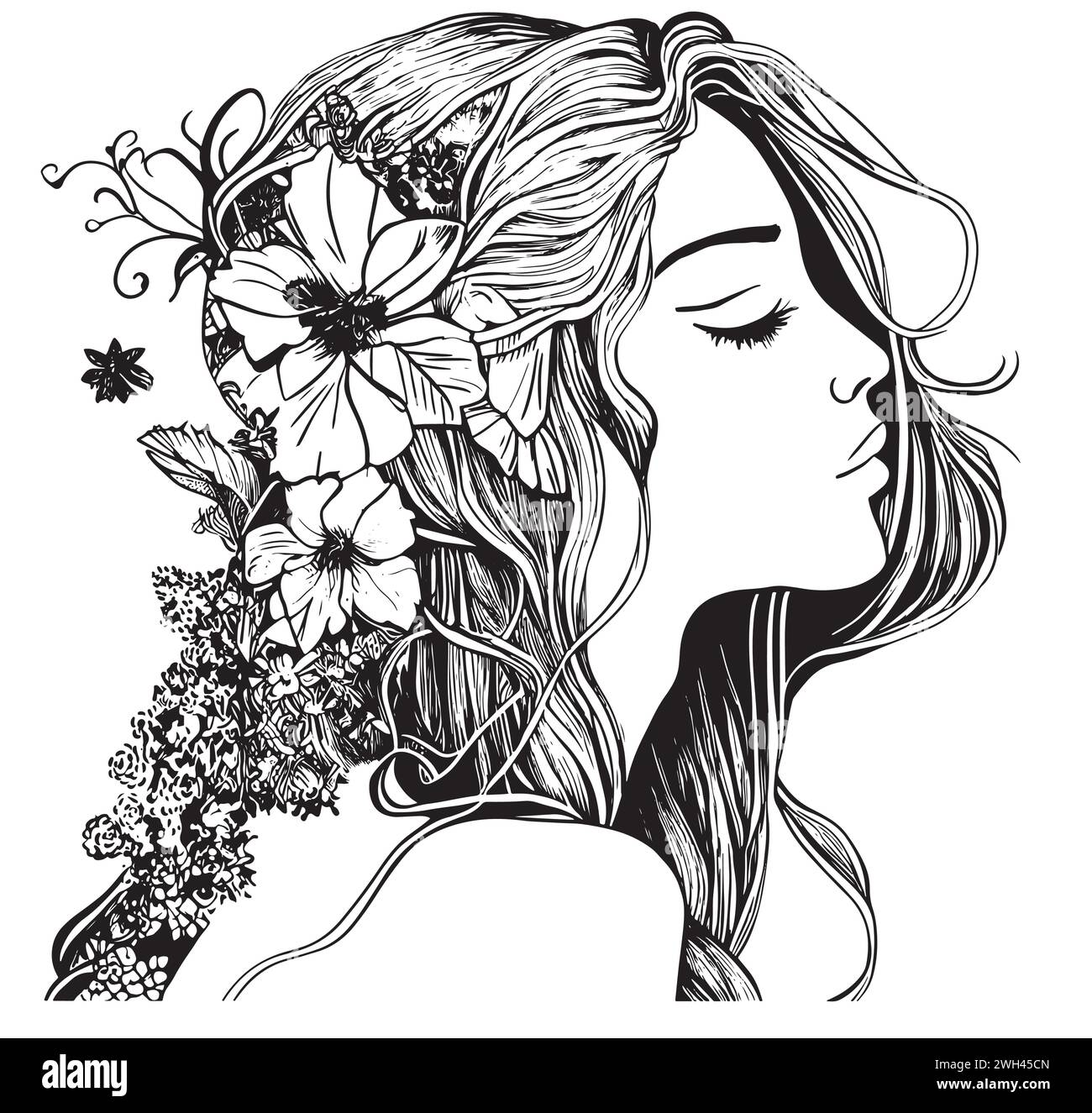 Doodle Girl avec des feuilles et des fleurs dans ses cheveux. Portrait de femmes pour livre de coloriage adulte. Illustration vectorielle. Illustration de Vecteur