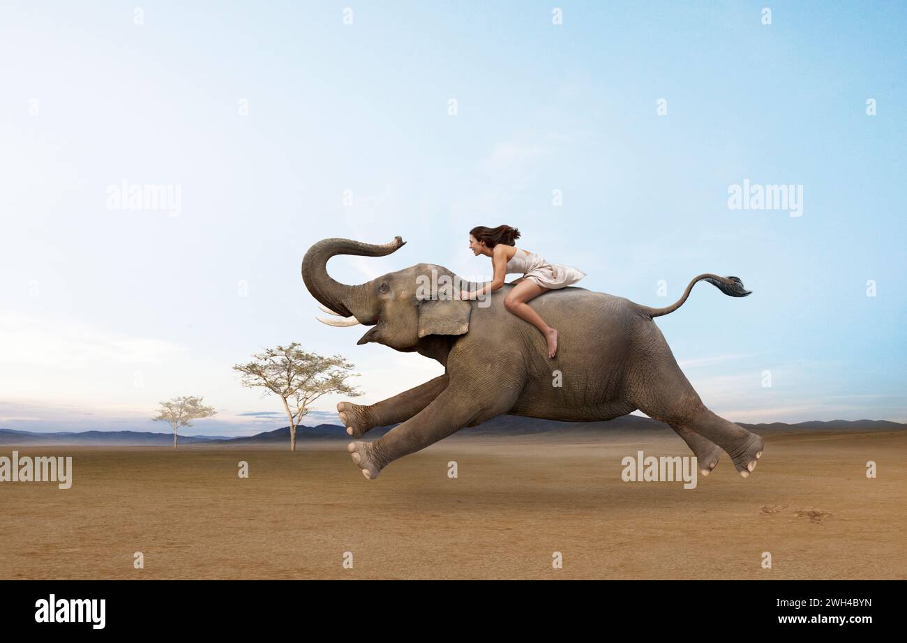 Une femme forte monte un éléphant galopant à travers une plaine dans une image de liberté, de courage, d'audace et d'habileté. Banque D'Images