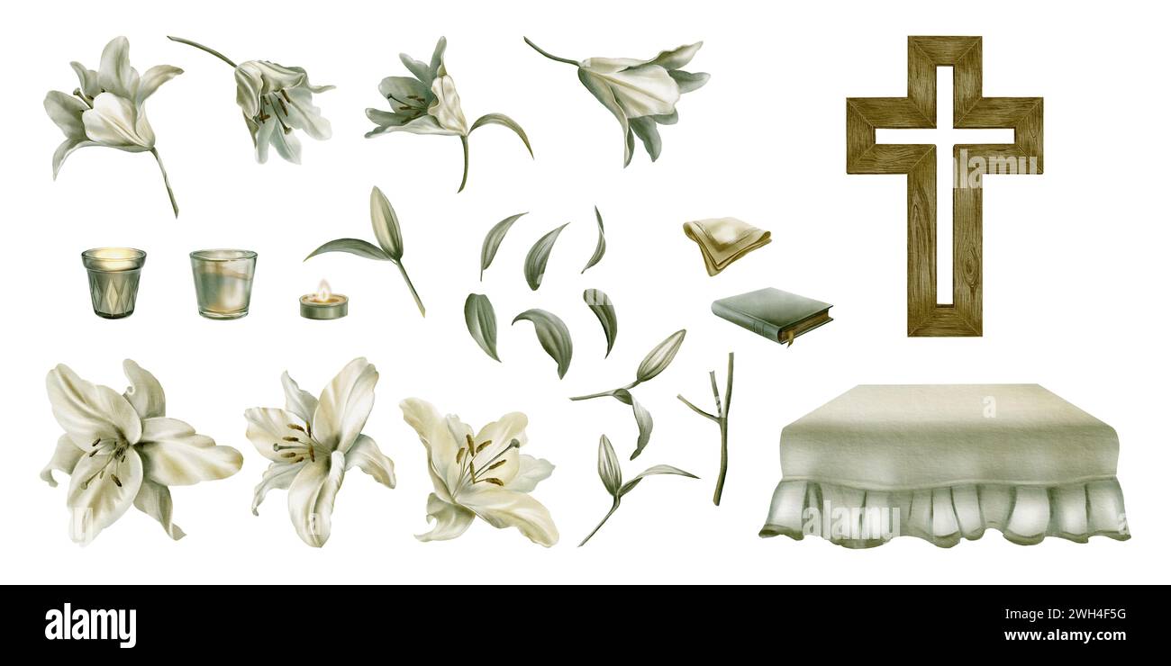 Ensemble aquarelle de lis blancs avec paraphernalia religieuse. Fleurs, bourgeons, feuilles, tiges, bougies, une nappe, une croix en bois, un livre, un Banque D'Images