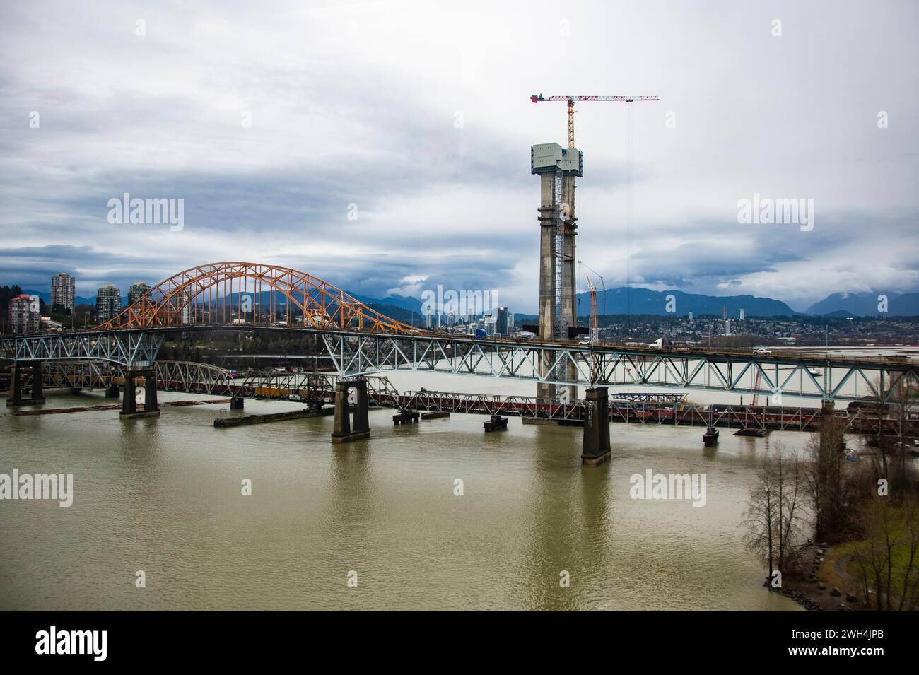 Pont Pattullo et remplacement en construction à New Westminster, Colombie-Britannique, Canada Banque D'Images