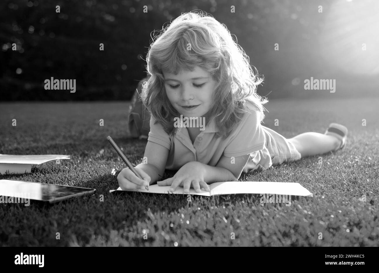 Joli garçon avec un crayon à écrire sur un carnet posé sur l'herbe. Un enfant lit un livre dans le parc d'été. Banque D'Images