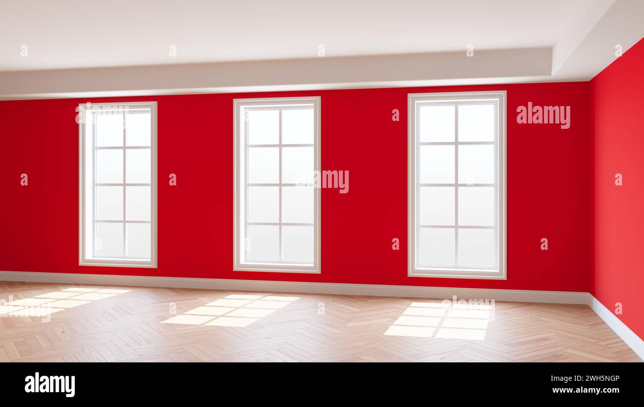 Chambre vide rouge avec trois grandes fenêtres, parquet à chevrons brillant clair et un socle blanc. Beau concept de l'intérieur vide. Rendu 3D, Ultra HD 8K, 7680x4320, 300 dpi Banque D'Images