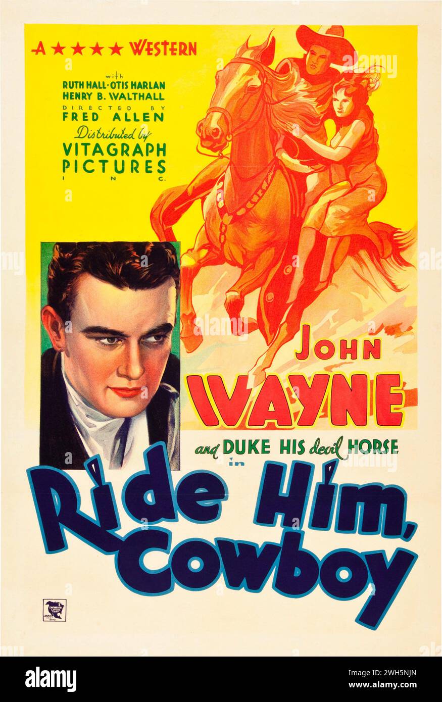 John Wayne dans Ride Him, Cowboy (Warner Brothers, 1932) film occidental - affiche de film vintage Banque D'Images