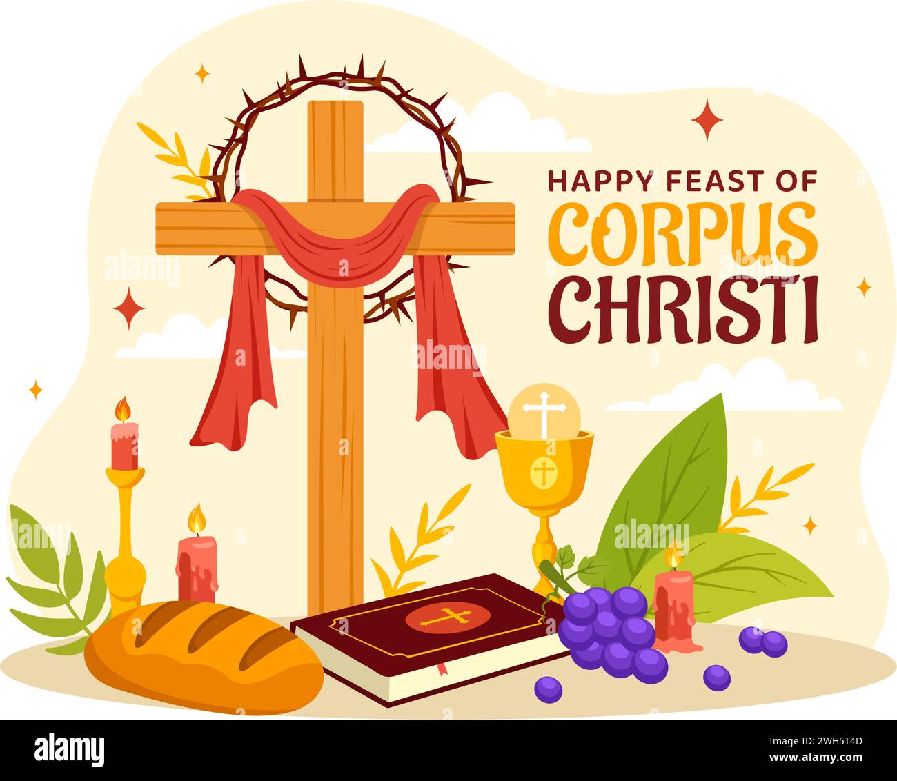 Illustration vectorielle religieuse catholique de corpus Christi avec Fête, Croix, pain et raisins dans le fond de dessin animé plat de célébration de vacances Illustration de Vecteur