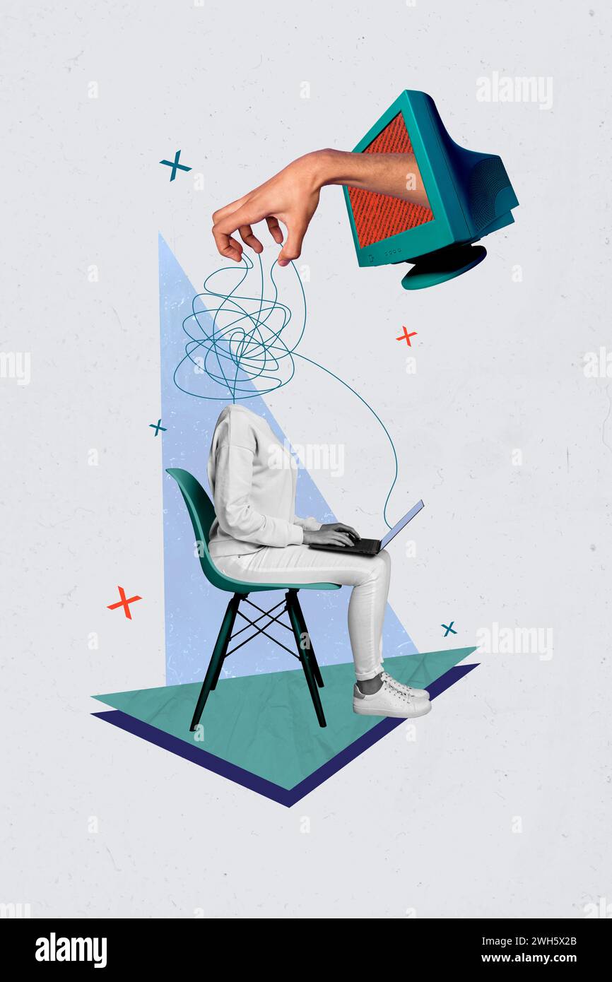 Collage photo surréaliste vertical avec femme sans tête assis sur la chaise tenir le travail d'ordinateur portable de navigation main de contrôle d'écran trompeur Banque D'Images