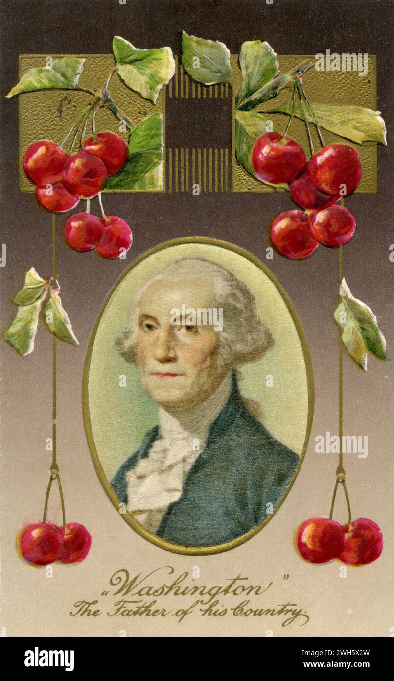 George Washington (1732-1799), premier président des États-Unis d'Amérique, Portrait sur une carte postale, entouré de cerises, 'le père de sa générosité'. , (Carte postale, ), George Washington (1732-1799), Erster Präsident der Vereinigten Staaten von Amerika, Porträt auf einer Postkarte, umgeben von Kirschen, 'le père de sa prime' Banque D'Images