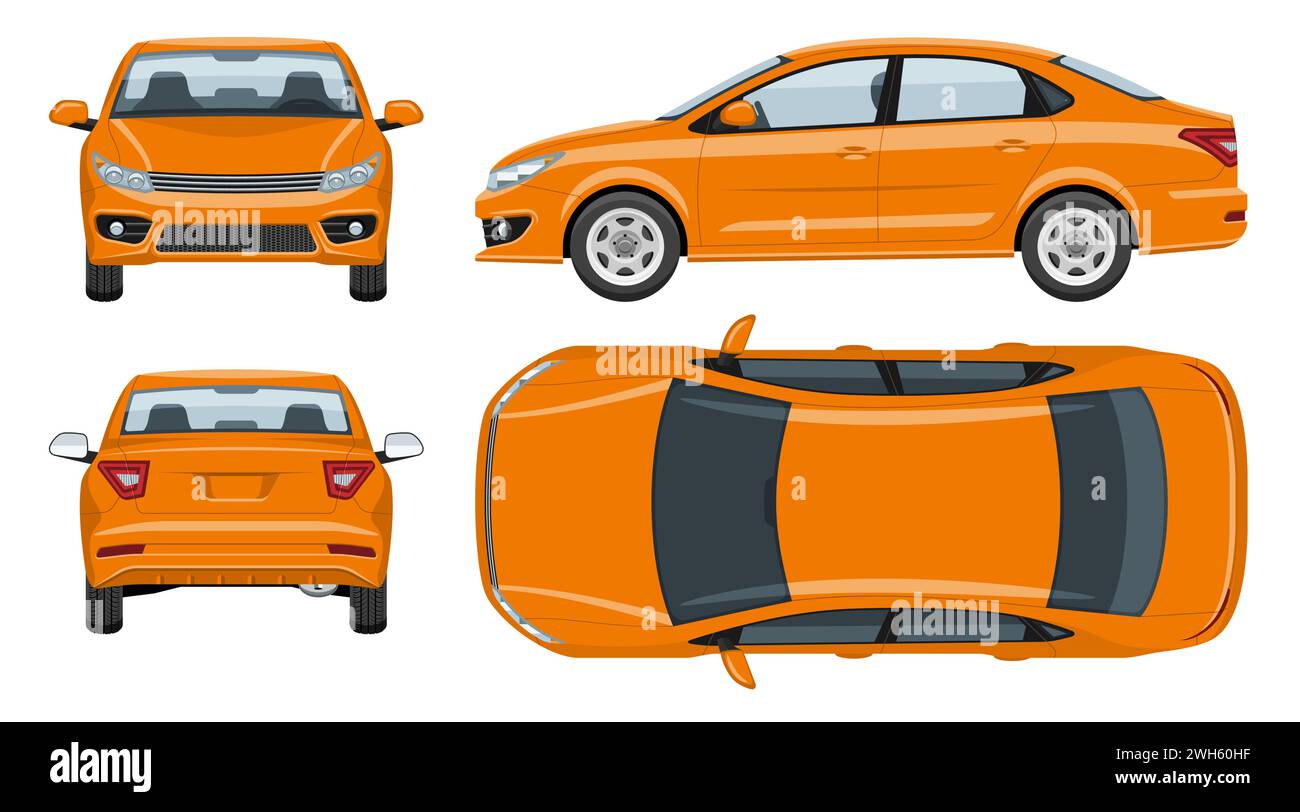 Modèle de vecteur de voiture orange avec des couleurs simples sans dégradés ni effets. Vue latérale, avant, arrière et supérieure Illustration de Vecteur