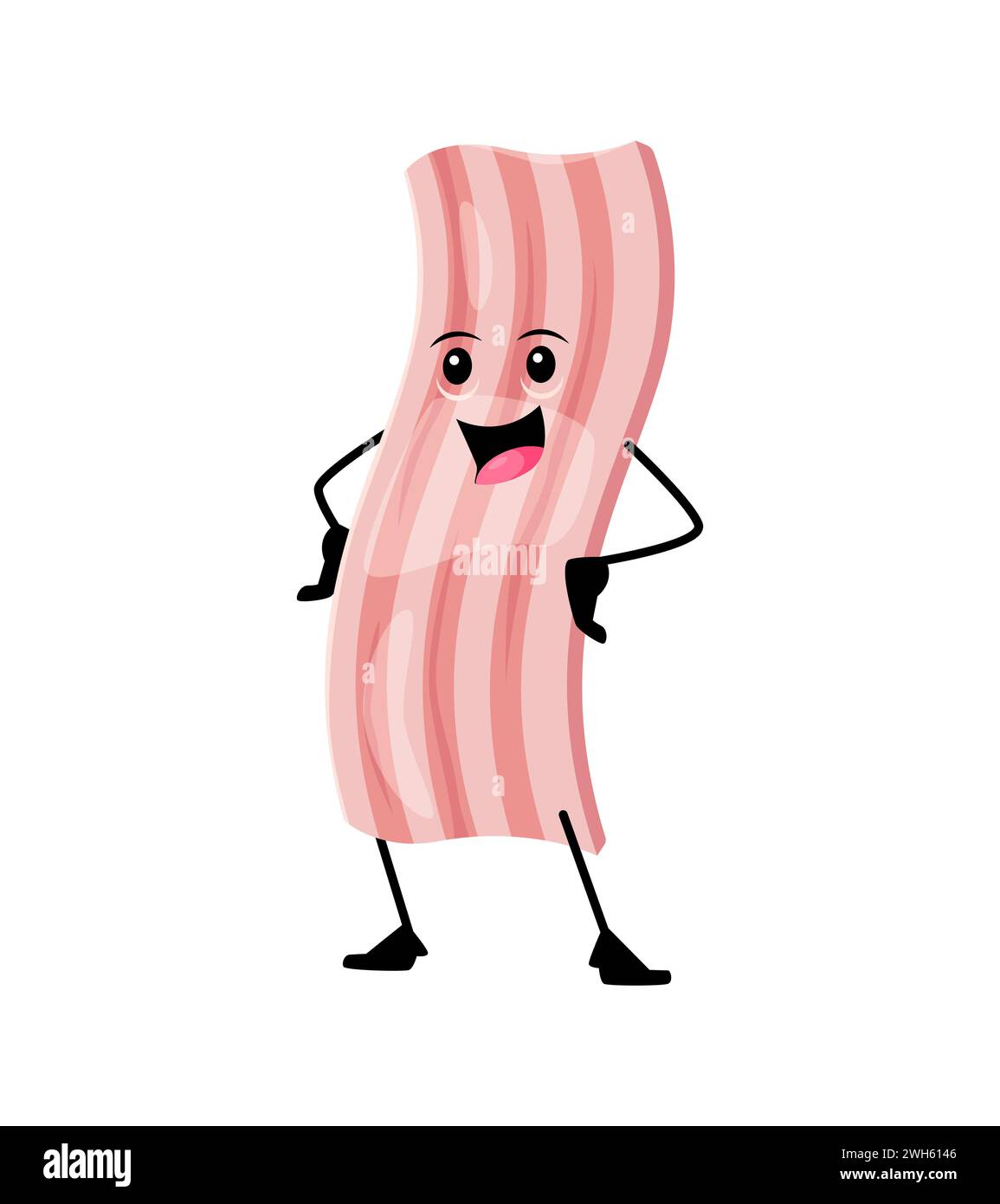 personnage de petit déjeuner au bacon joyeux de dessin animé, arborant un sourire ensoleillé, grésillant de joie, apportant un délice croustillant à la table du petit déjeuner. Individu isolé de nourriture vecteur se réjouir avec les bras akimbo Illustration de Vecteur