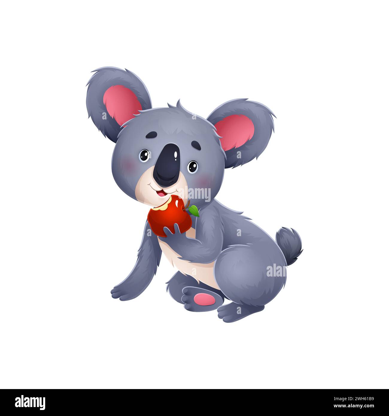 Mignon koala ours personnage de dessin animé mangeant pomme. Mascotte comique koala, personnage enfantin animal de zoo ou personnage vecteur isolé mignon de la jungle australienne mordant la pomme rouge fraîche Illustration de Vecteur