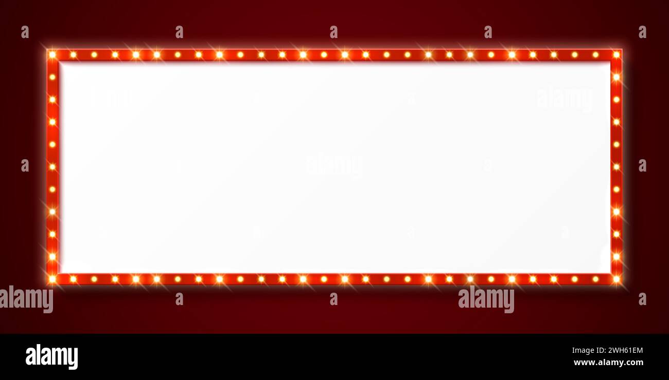Cadre de marquise d'ampoule rétro, panneau de cirque, panneau d'affichage Broadway, fond vectoriel. Tableau de casino ou panneau de film avec lampes à ampoule, cadre de chapiteau vintage pour le cinéma ou le spectacle dans les néons rouges Illustration de Vecteur