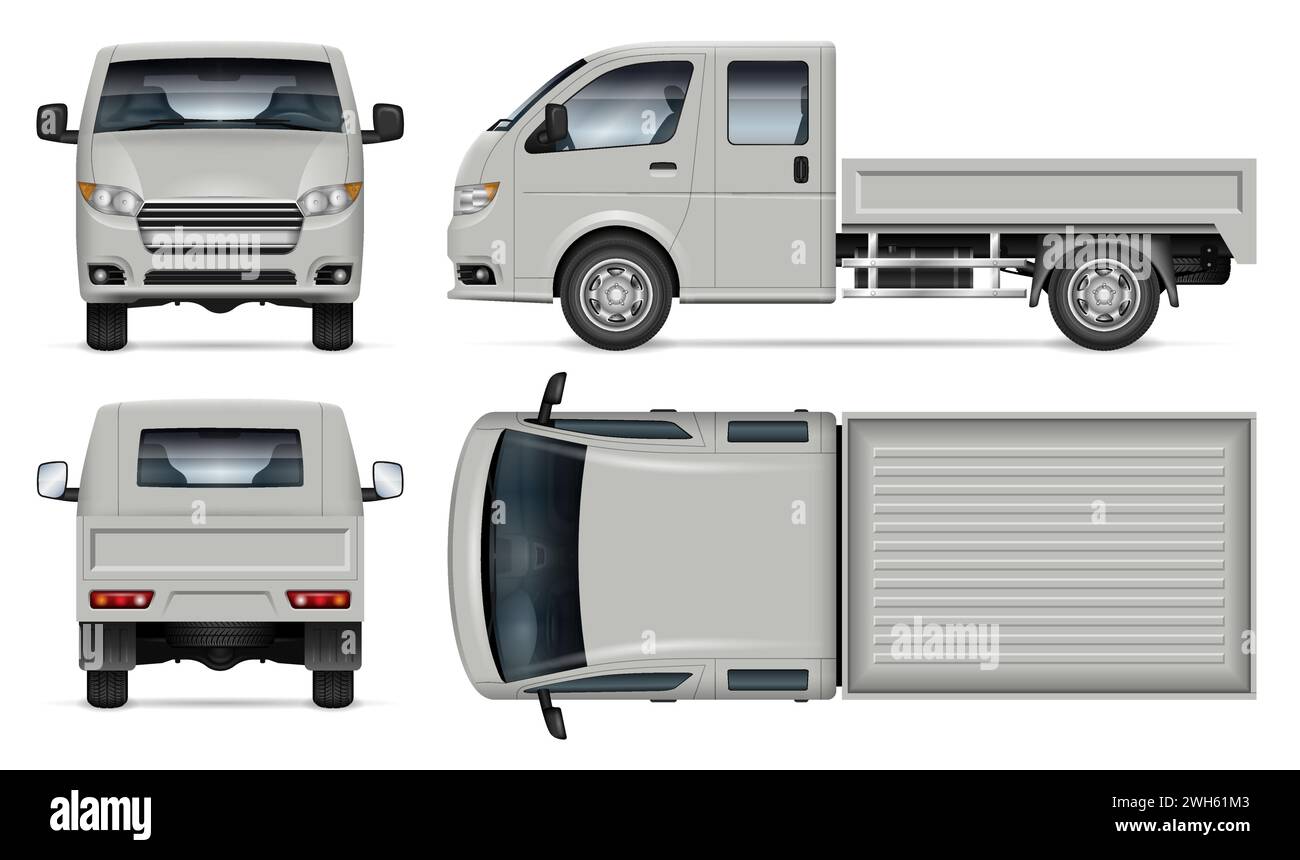 Maquette vectorielle de petit camion sur fond blanc pour la marque de véhicule, l'identité d'entreprise. Vue de côté, de face, de dos, de dessus. Illustration de Vecteur