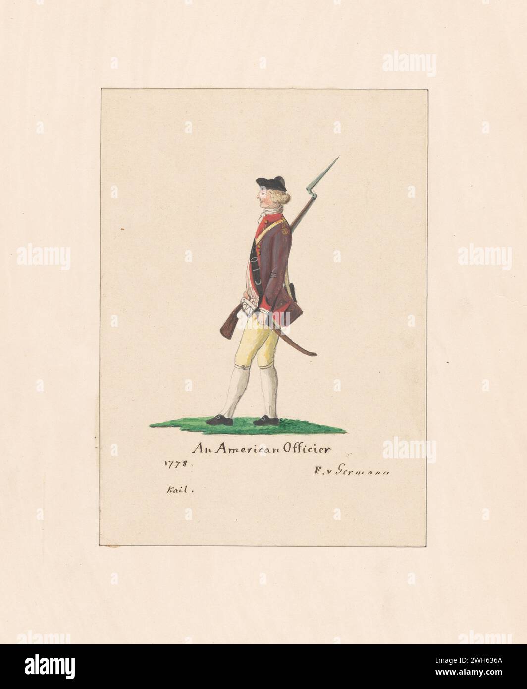 « Aquarelle d’un officier américain pendant la guerre d’indépendance américaine » vers 1778. D'après une série d'estampes de Friedrich von German capitaine d'un régiment de Hesse-Hanau, l'une des nombreuses troupes auxiliaires allemandes embauchées par George III pour combattre dans la Révolution américaine. Arrivé en Amérique du Nord en 1775 pendant la guerre, il peint une série d'aquarelles de soldats américains, britanniques et allemands. Banque D'Images