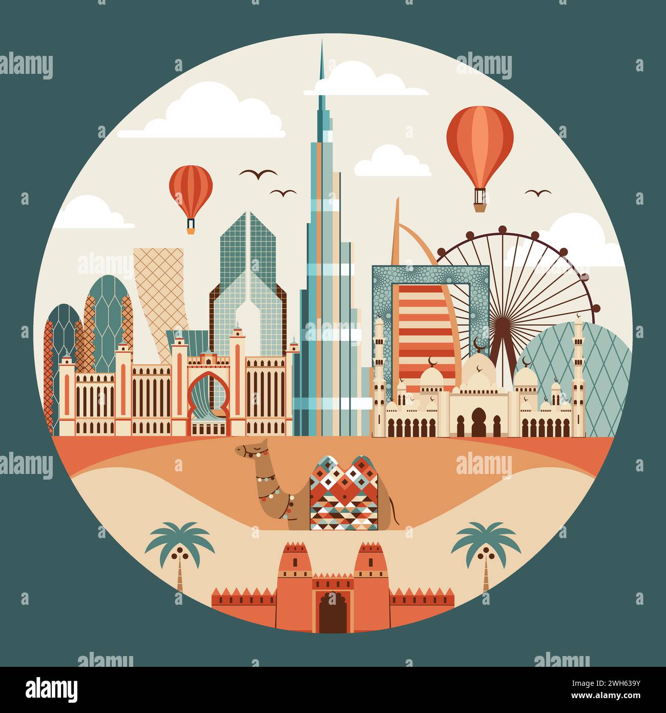 Voyagez Emirates Print avec les monuments des Émirats arabes Unis et Camel Illustration de Vecteur