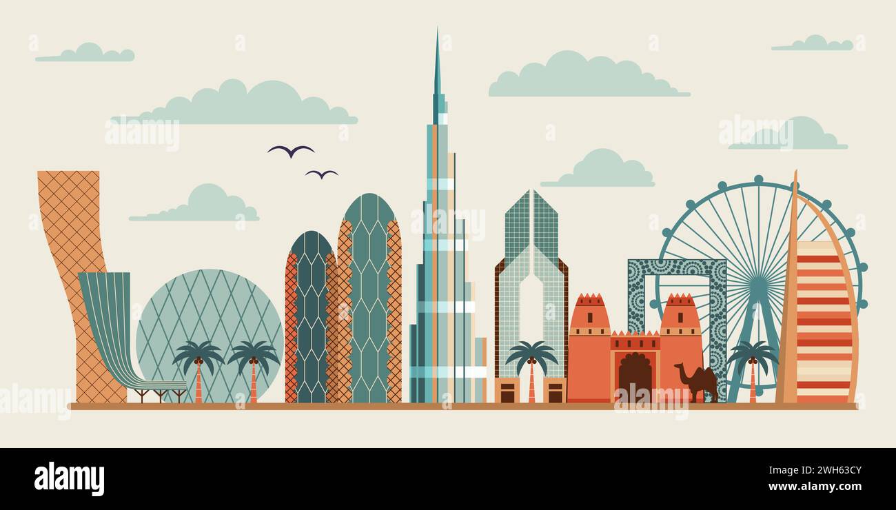 Bannière Web Travel UAE City Skyline Illustration de Vecteur