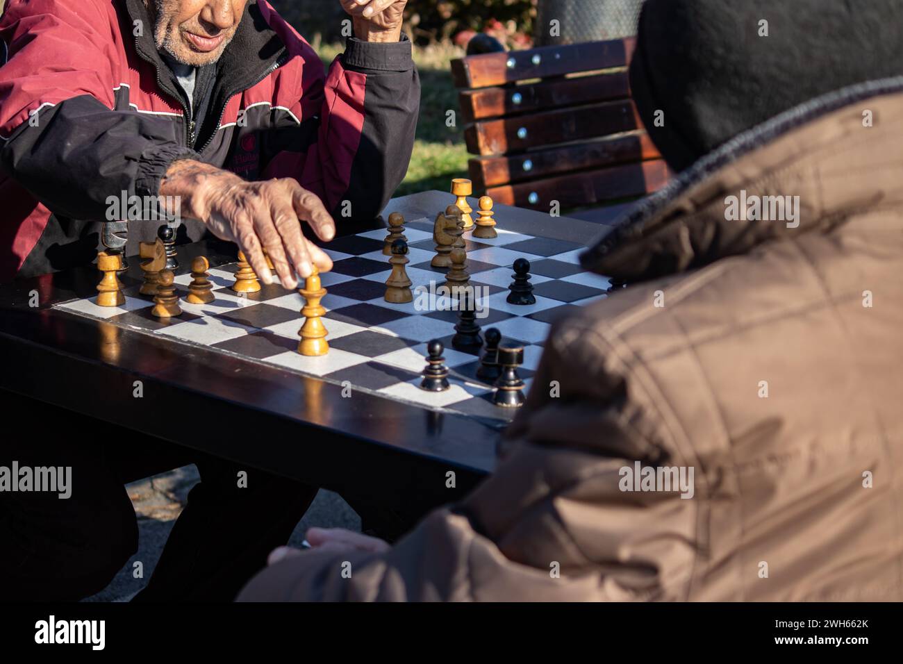 Personnes âgées retraitées pasionatelly jouant des figurines d'échecs dans le parc public à Belgrade, belle journée ensoleillée Banque D'Images