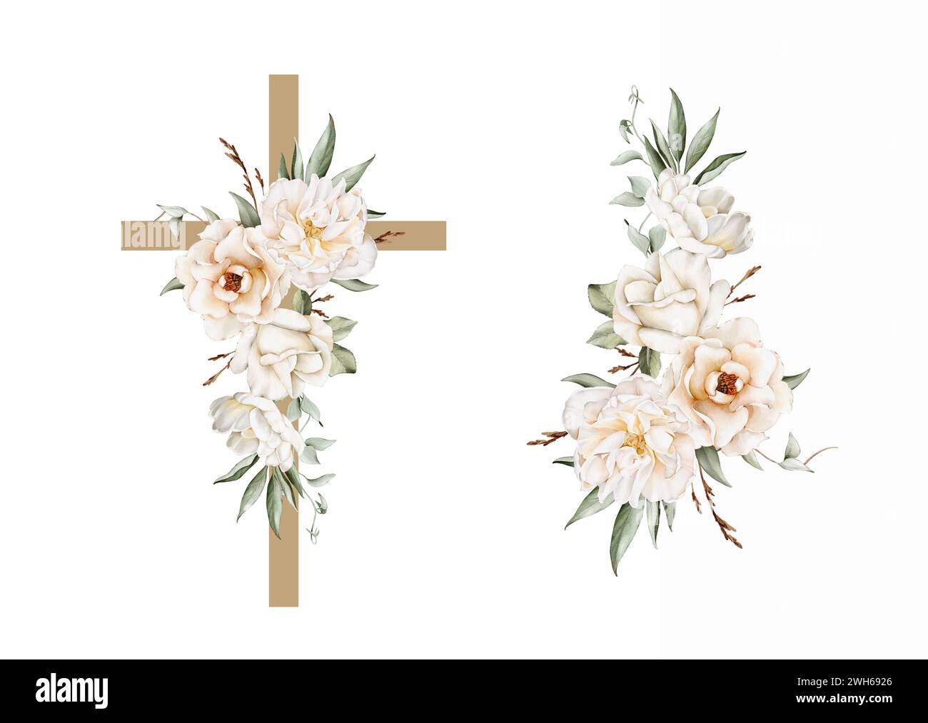 Un ensemble de croix florale et bouquet avec des fleurs blanches douces. Illustrations isolées à l'aquarelle. Clipart pour le design de Pâques, Epiphanie, Christening, FIRS Banque D'Images
