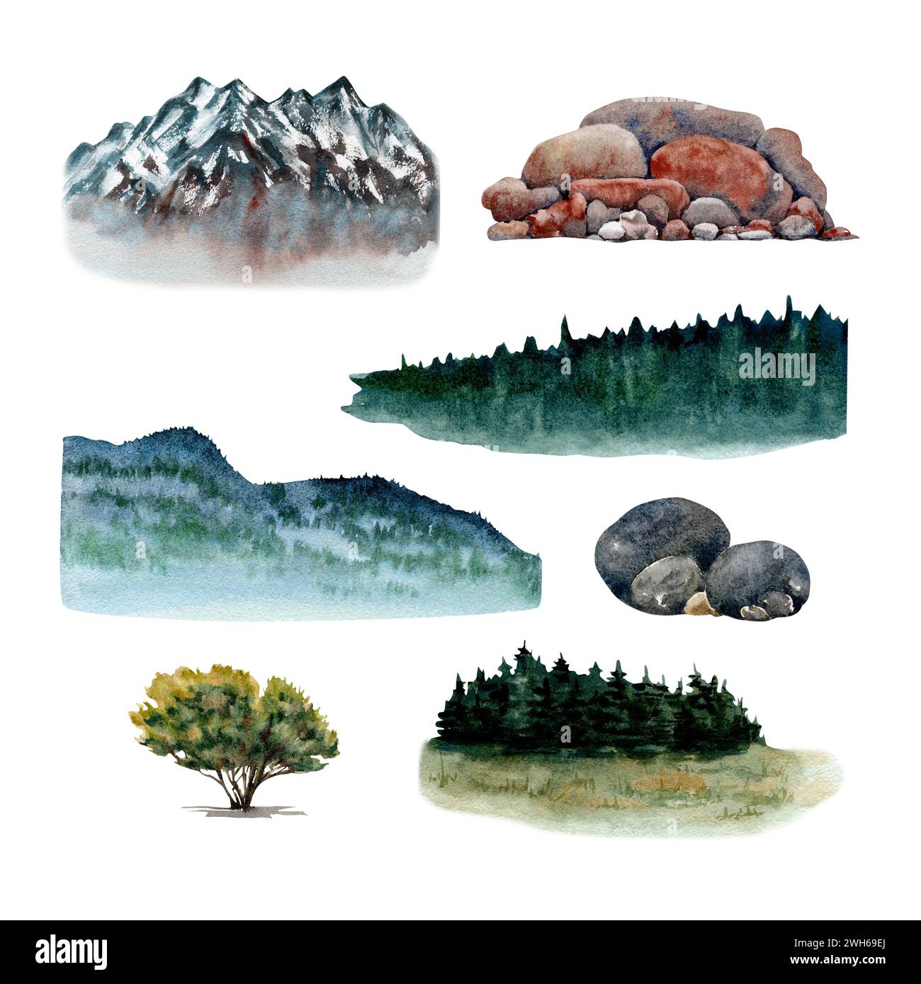 Mini ensemble de fond naturel. Montagne, cimes d'arbres, rochers, éléments d'arbres. Illustration aquarelle isolée sur fond blanc. Dessin à la main Banque D'Images