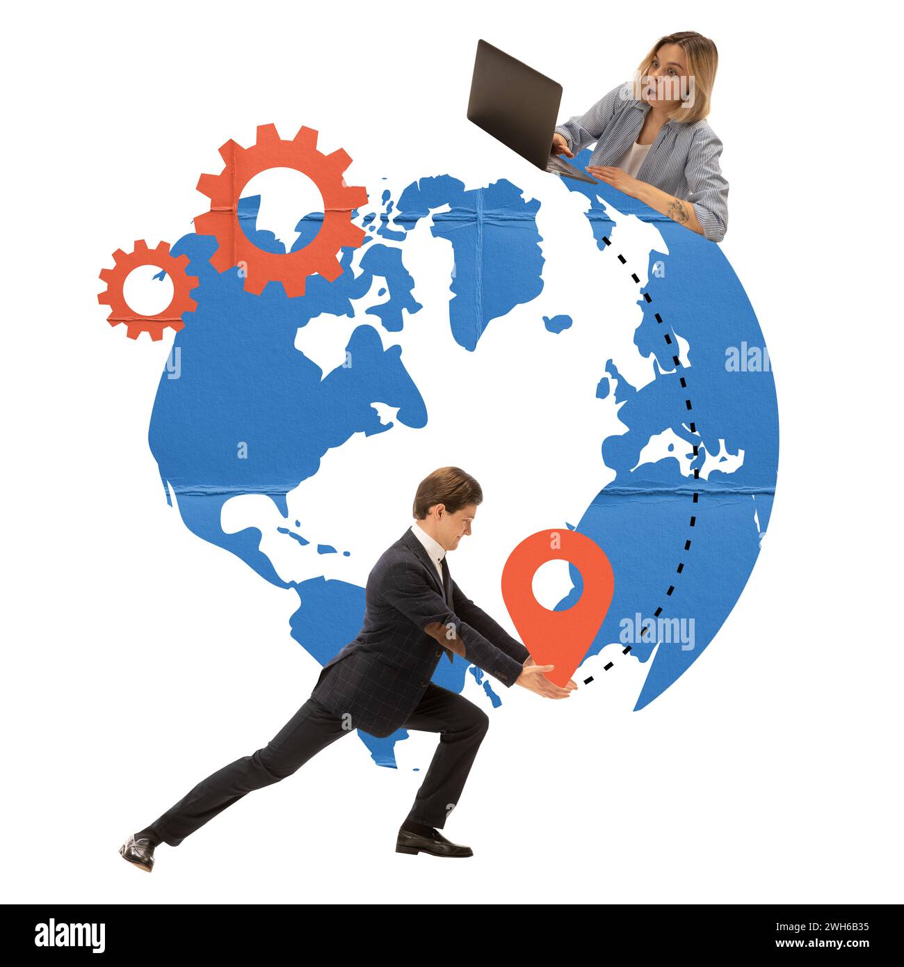 Femme travaillant sur l'ordinateur portable et l'homme tenant l'épingle d'emplacement sur le globe du monde. Améliorer l'efficacité de la logistique. Design moderne créatif. Banque D'Images