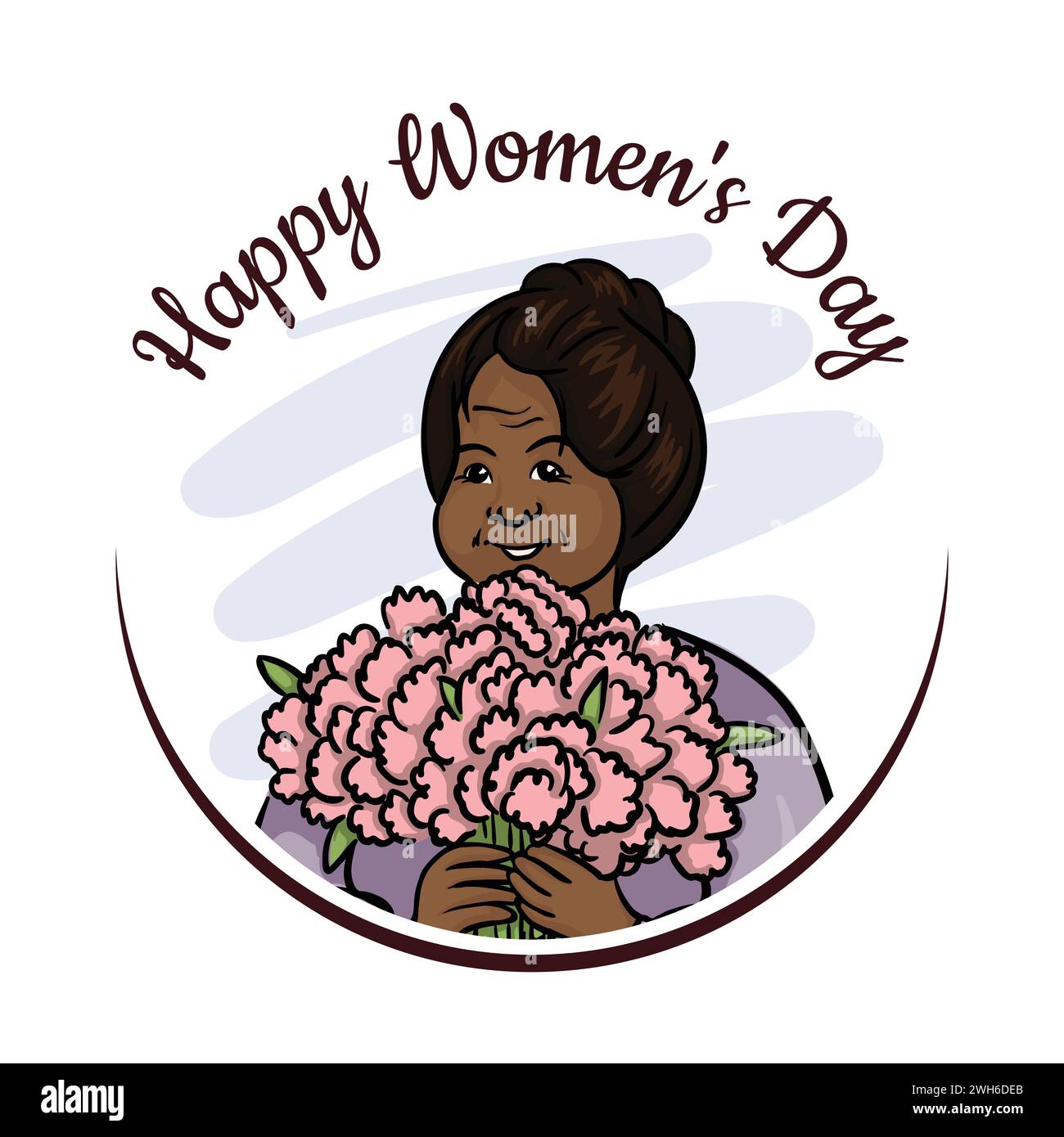 Femme à la peau foncée avec un bouquet de fleurs. Journée internationale de la femme Illustration de Vecteur