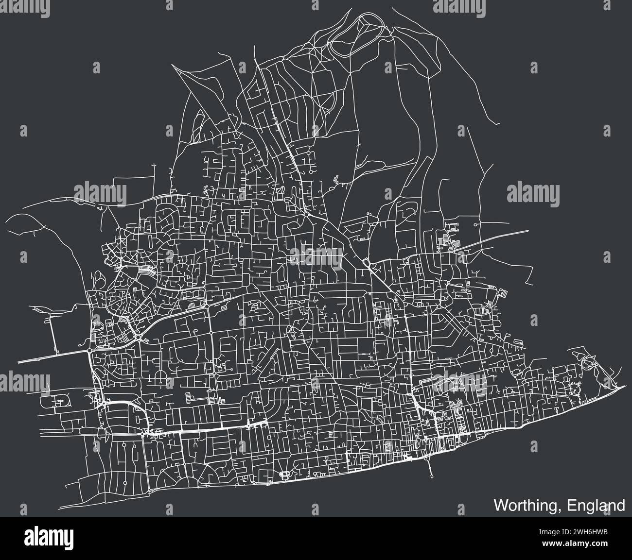 Carte routière de la ville britannique de WORTHING, ANGLETERRE Illustration de Vecteur