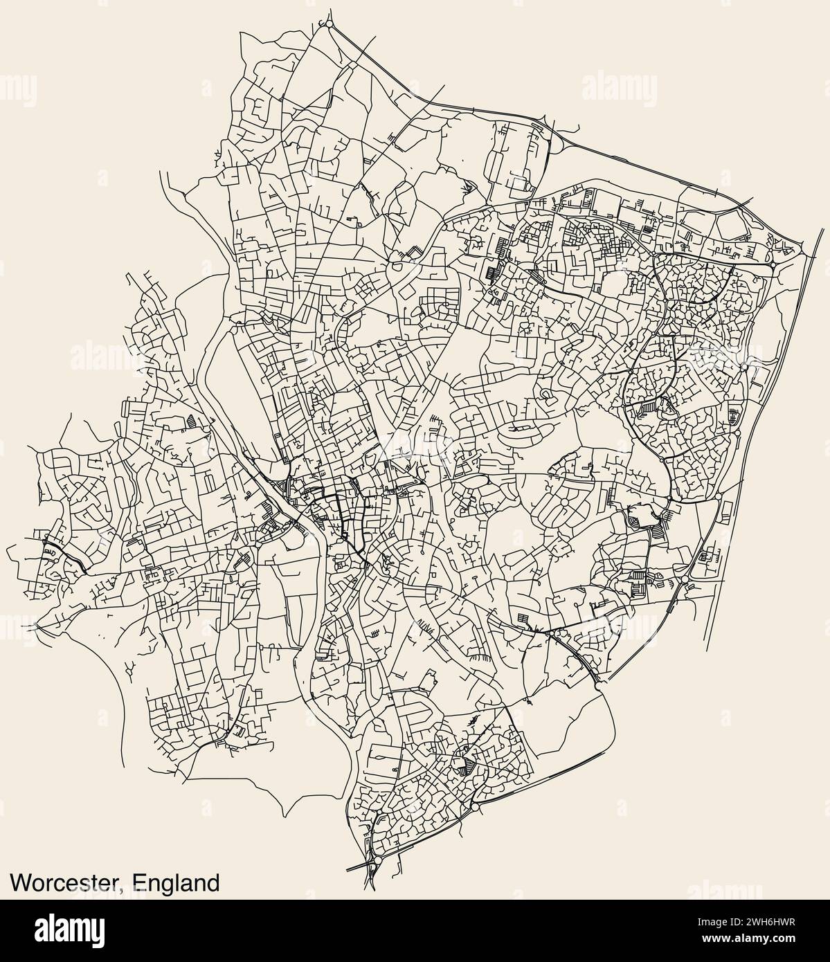 Carte routière de la ville britannique de WORCESTER, ANGLETERRE Illustration de Vecteur