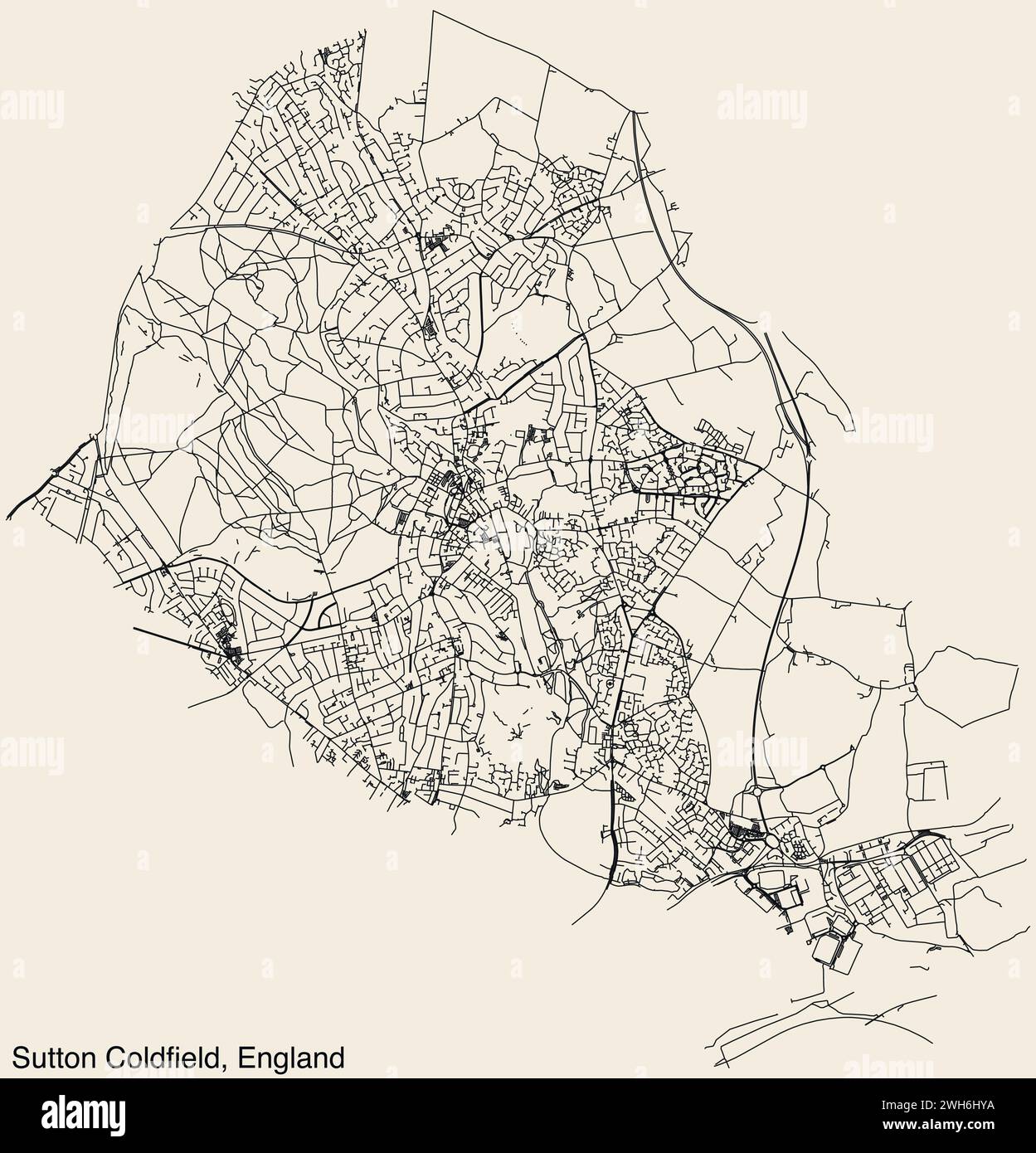 Carte routière de la ville britannique de SUTTON COLDFIELD, ANGLETERRE Illustration de Vecteur