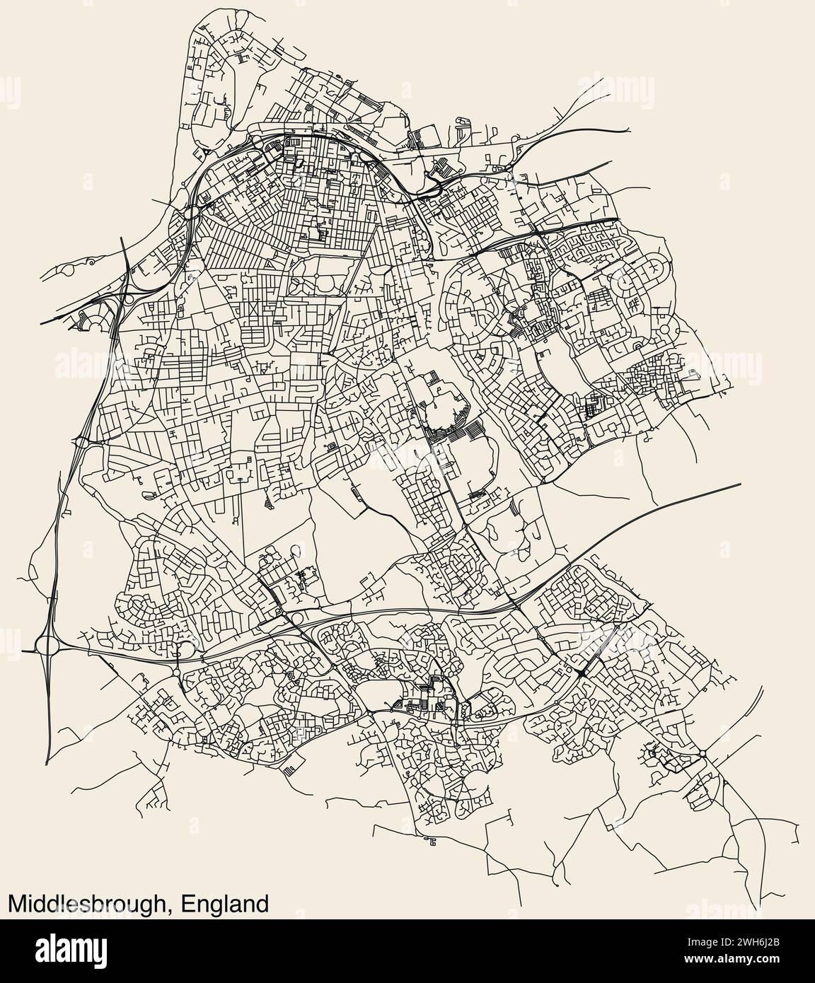 Carte routière de la ville britannique de MIDDLESBROUGH, ANGLETERRE Illustration de Vecteur