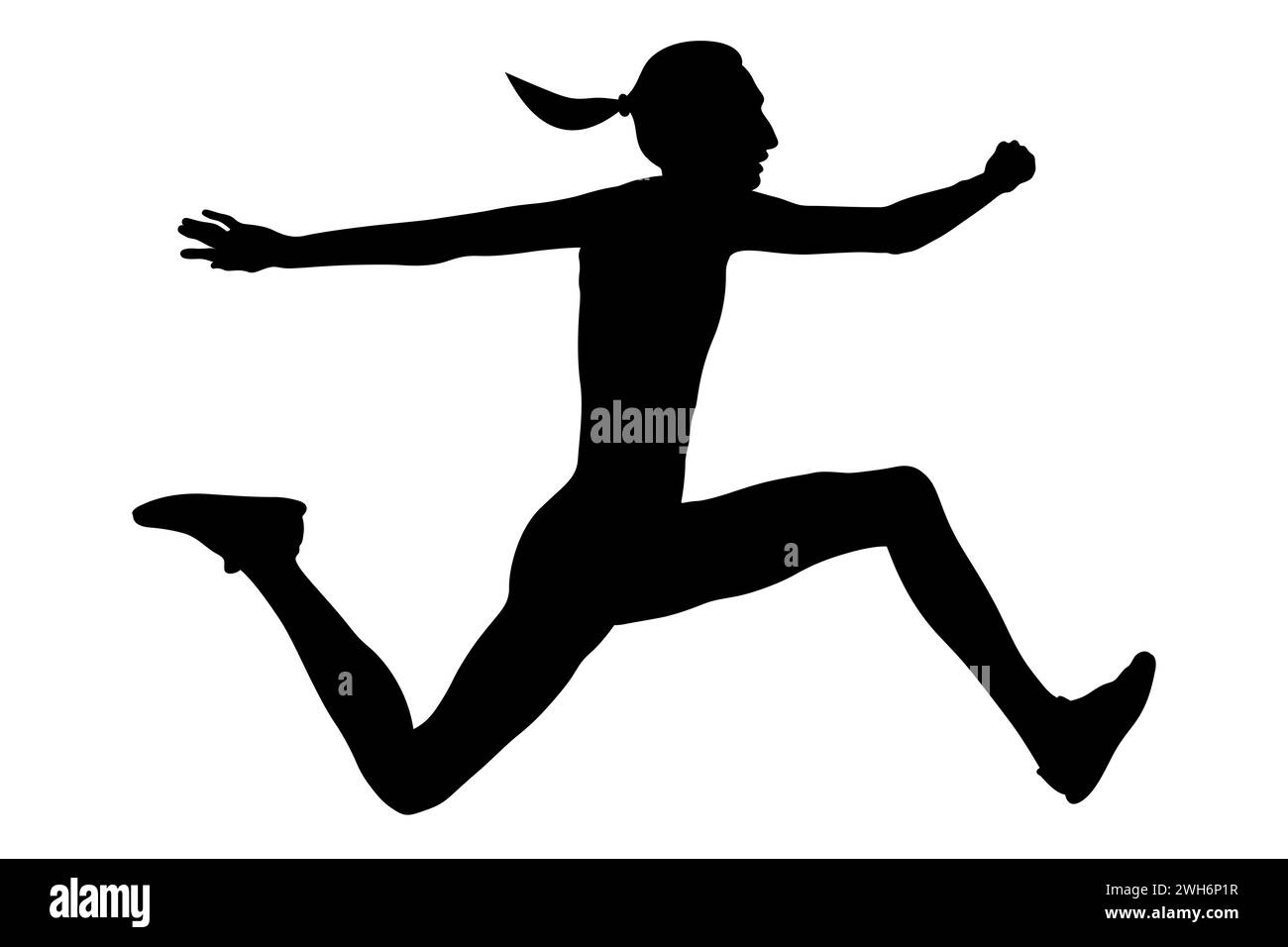 triple saut exécutant athlète féminine monte dans l'air, silhouette noire sur fond blanc Banque D'Images