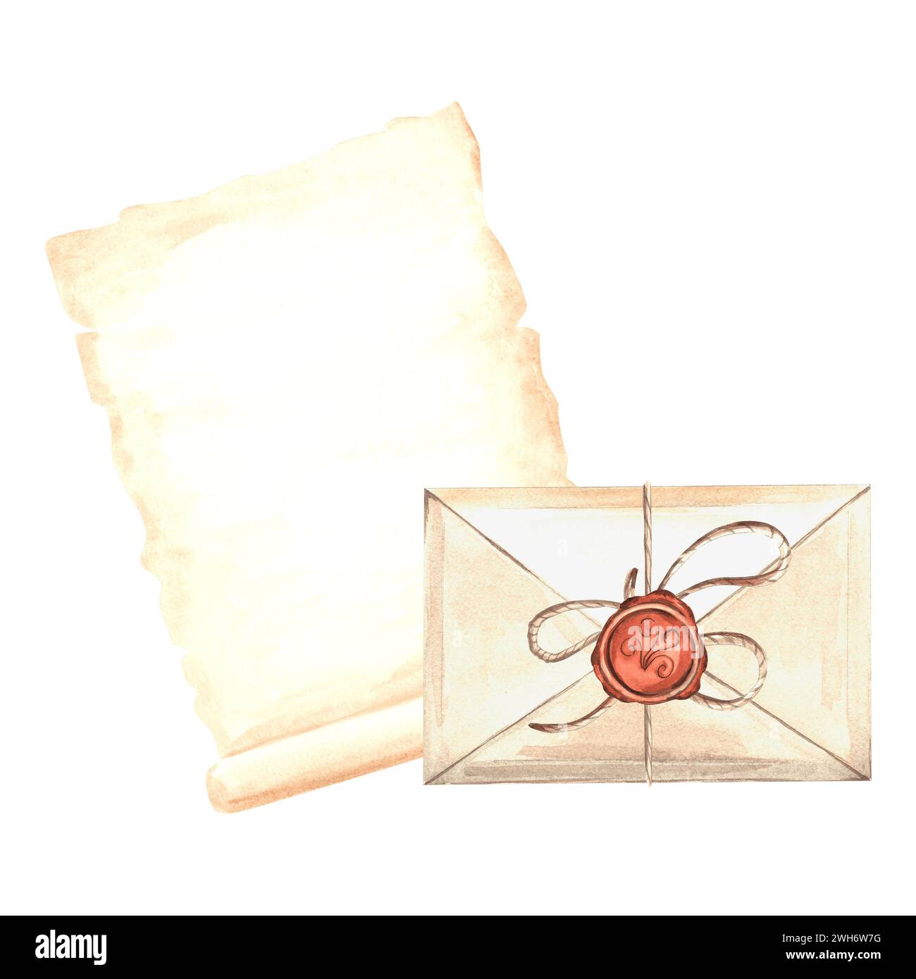 Feuille de papier parchemin et enveloppe avec sceau de cire. Fournitures d'écriture vintage. Modèle rétro illustration aquarelle de papeterie, lettre vintage. Est Banque D'Images
