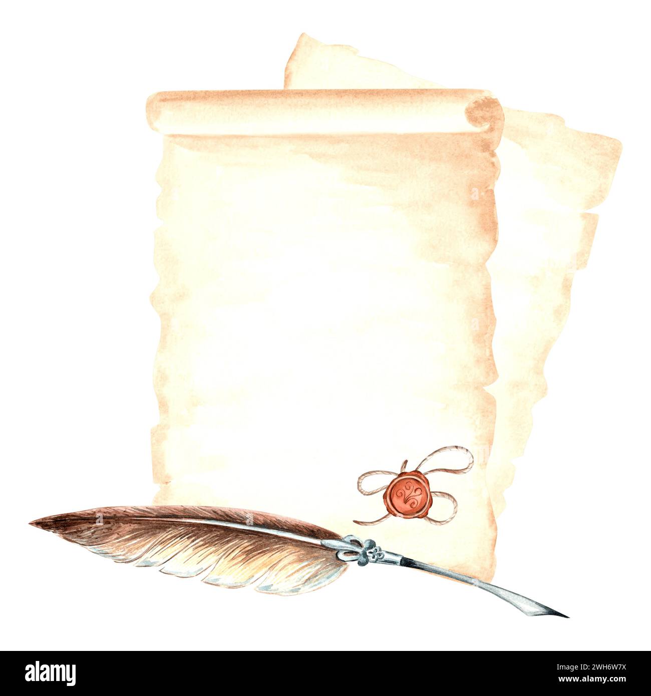 Feuilles de papier parchemin avec sceau de cire et stylo plume élégant. Fournitures d'écriture vintage. Modèle rétro illustration aquarelle de vieille papeterie. I Banque D'Images