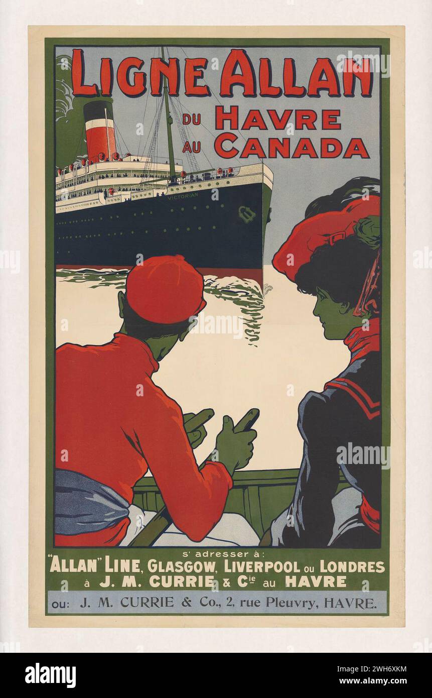Affiche de voyage vintage. Allan Line Ship, avec service du Havre en France au Canada. En français Banque D'Images