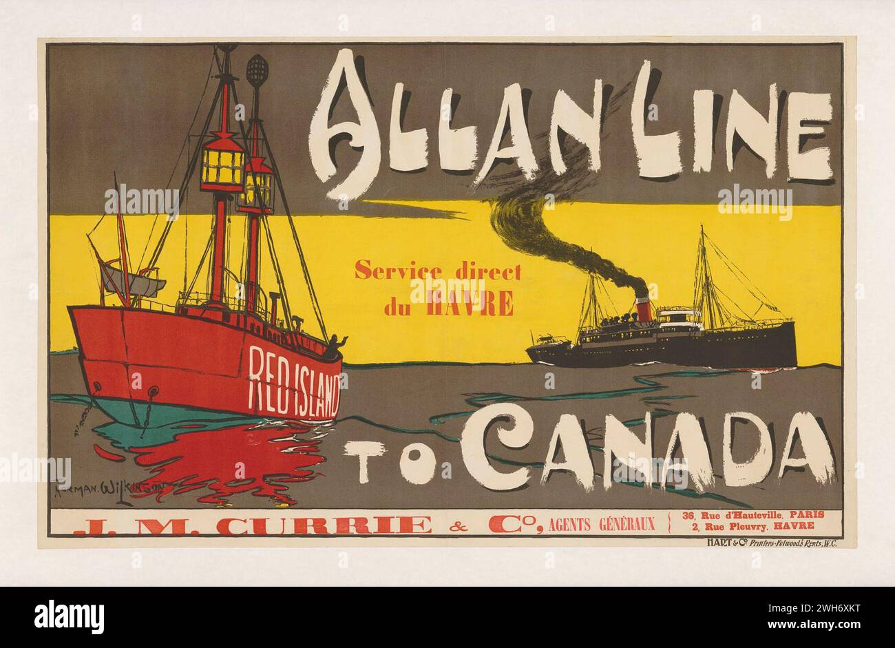Affiche de voyage vintage. Allan Line Ship, avec service du Havre en France au Canada. Signé Norman Wilkinson Banque D'Images