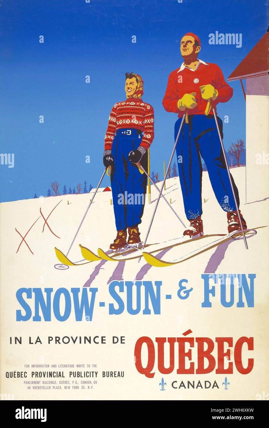 Affiche de tourisme de voyage vintage : 'neige, soleil et plaisir dans la province de Québec, Canada. ' Par le Bureau provincial de publicité du Québec Banque D'Images