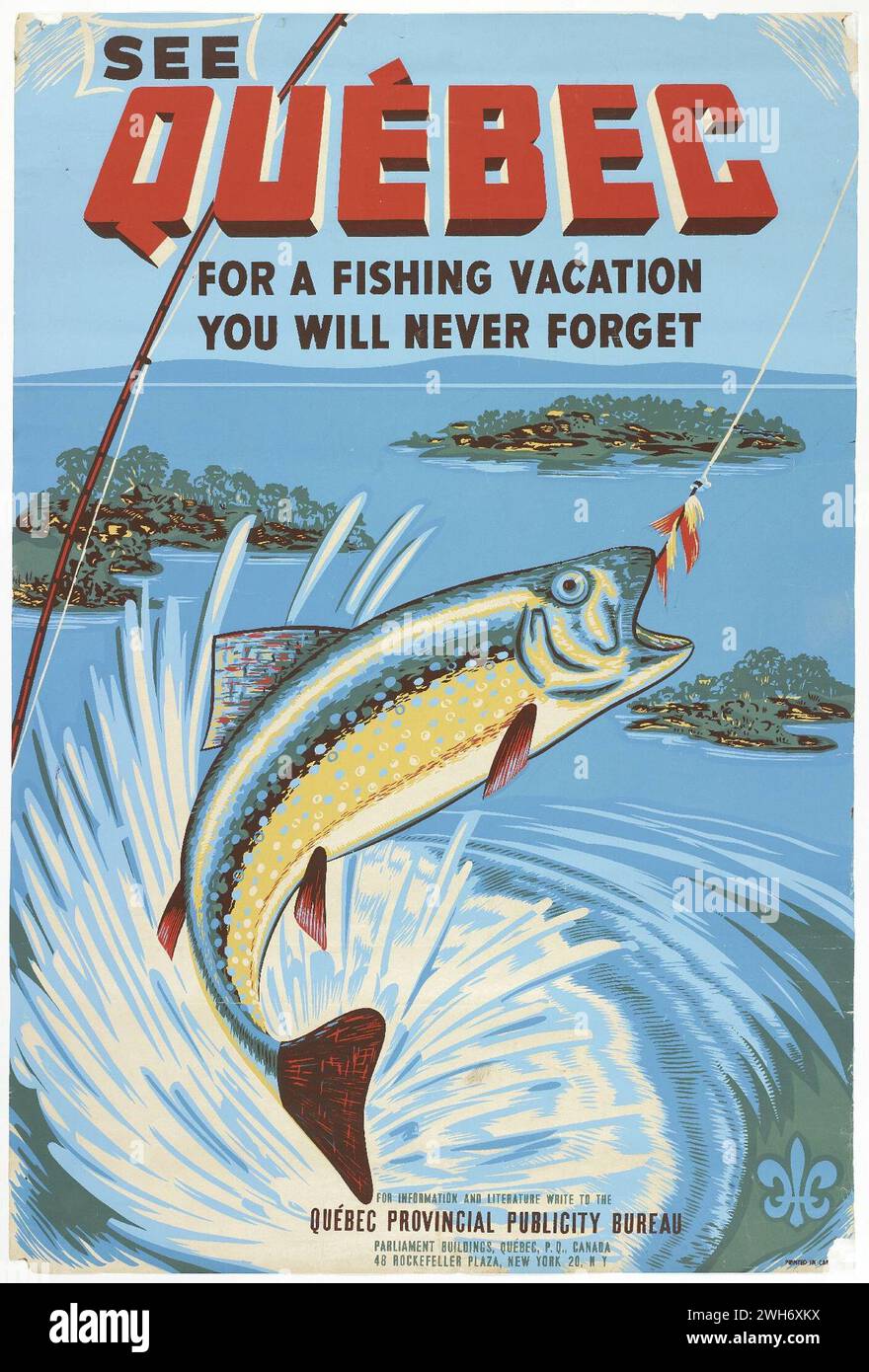 Affiche de voyage vintage de l'office du tourisme de la province de Québec 'Voir Québec pour des vacances de pêche que vous n'oublierez jamais'. Dommages aux coins Banque D'Images