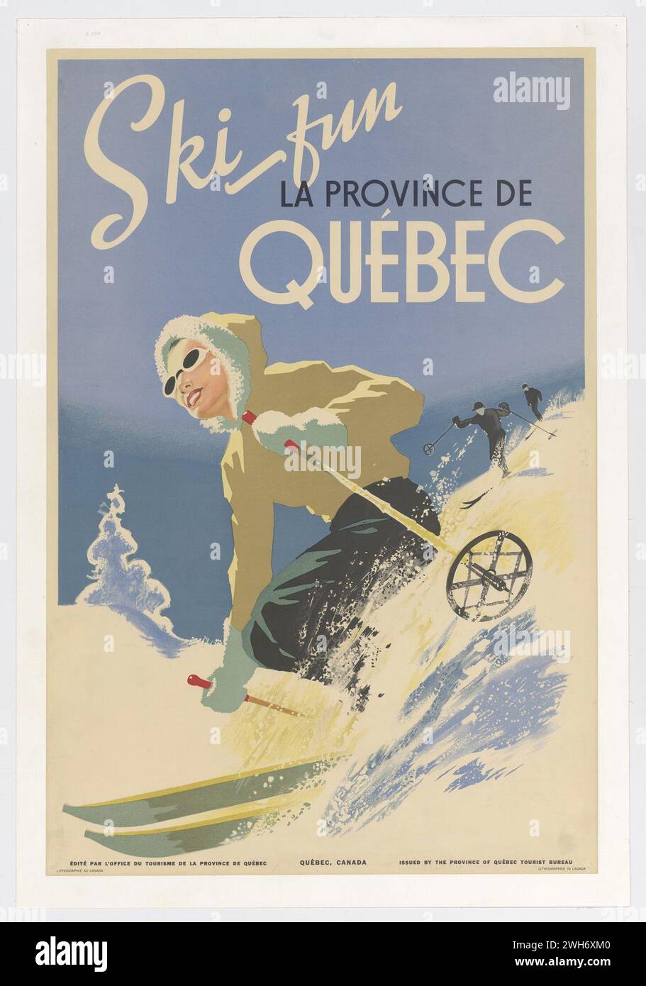Affiche de voyage vintage de l'Office de Tourisme de la Province de Québec : 'ski Fun- la Province de Québec', montrant les skieurs alpins sur les pistes. Banque D'Images