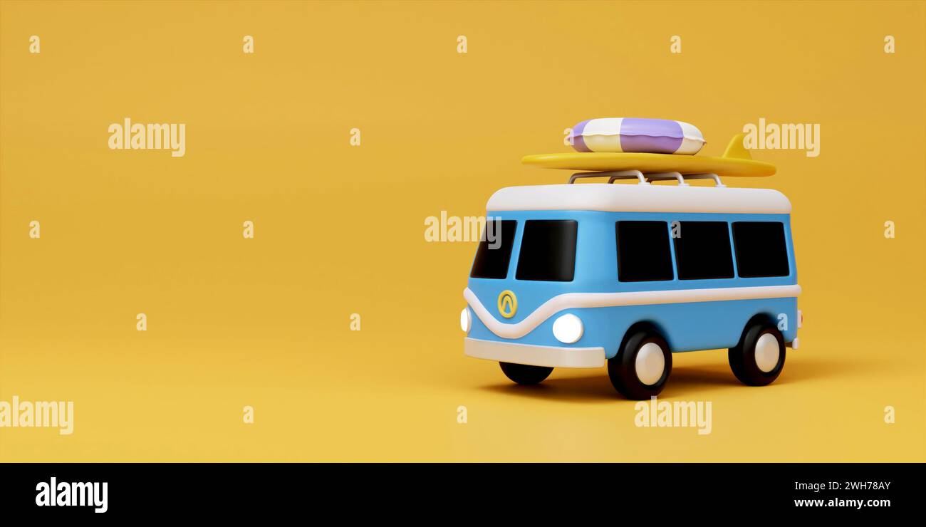 Mini van bleu 3d sur fond jaune, concept de vacances à la plage, modèle de page d'atterrissage dans l'illustration de dessin animé 3d mignon Banque D'Images