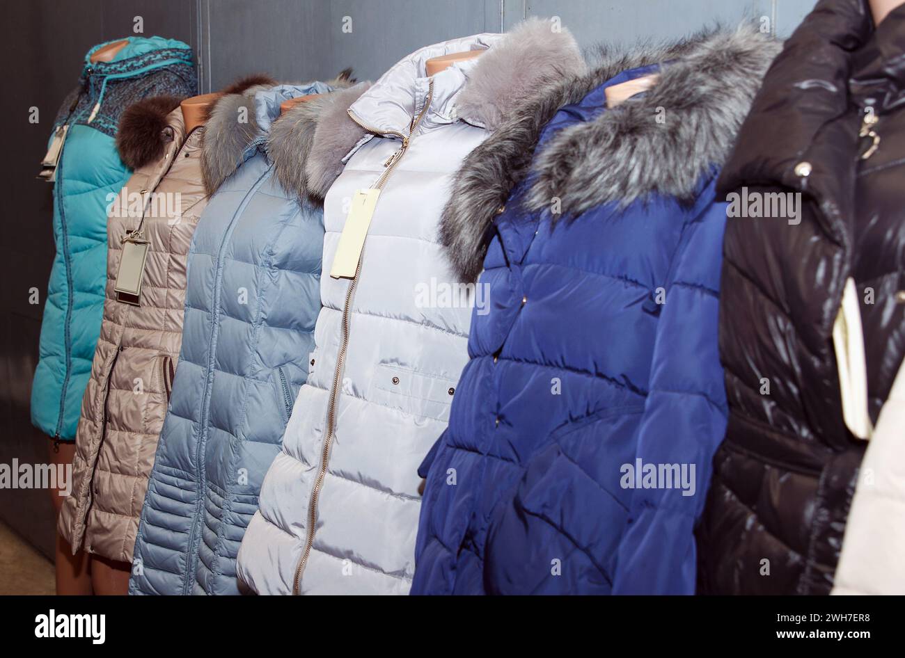 Collection d'hiver de vestes de différentes couleurs avec col en fourrure, habillé en mannequins à vendre Banque D'Images