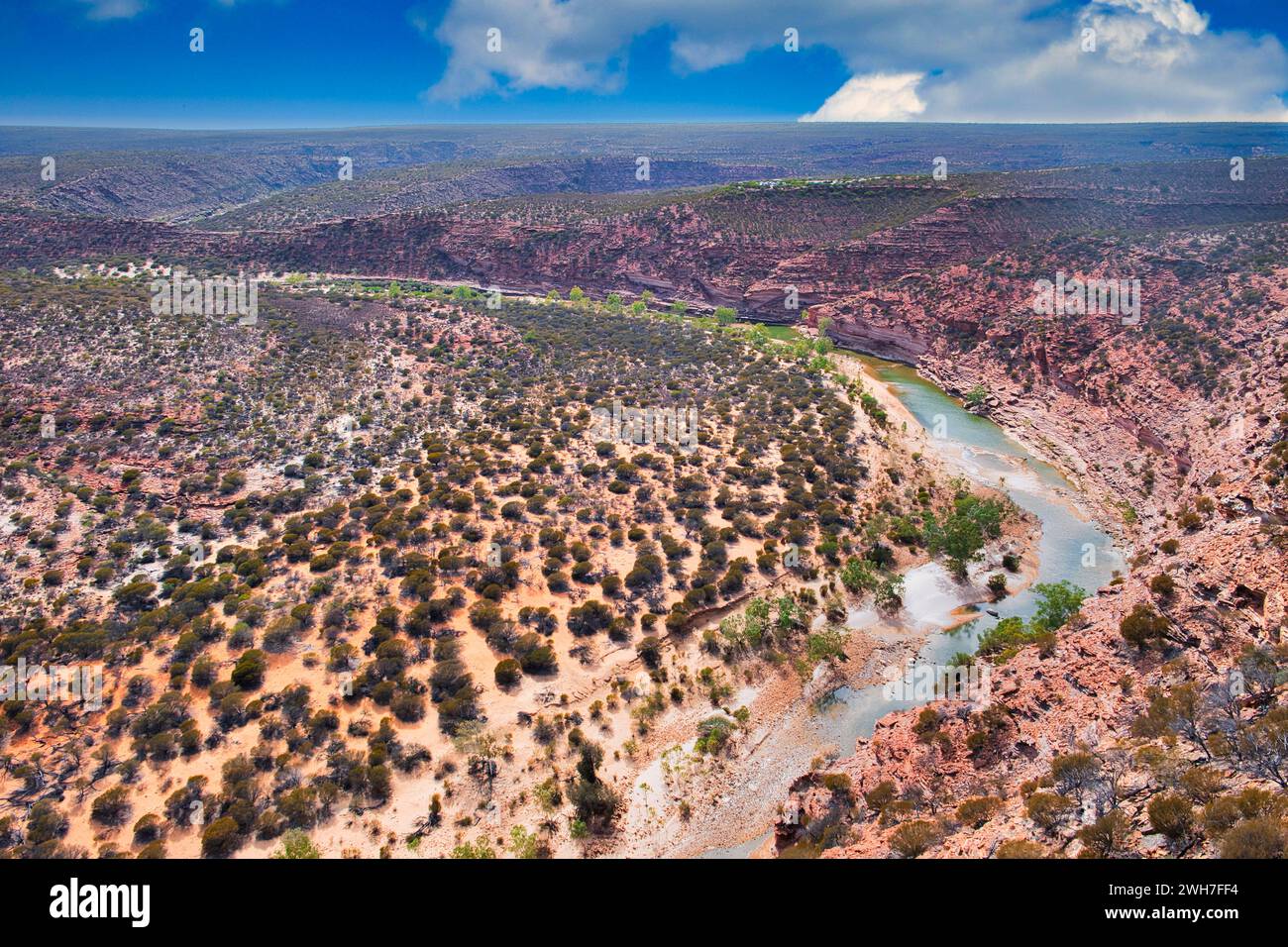 Vue aérienne du canyon de la rivière Murchison et du vaste paysage désertique du parc national de Kalbarri, Australie occidentale Banque D'Images