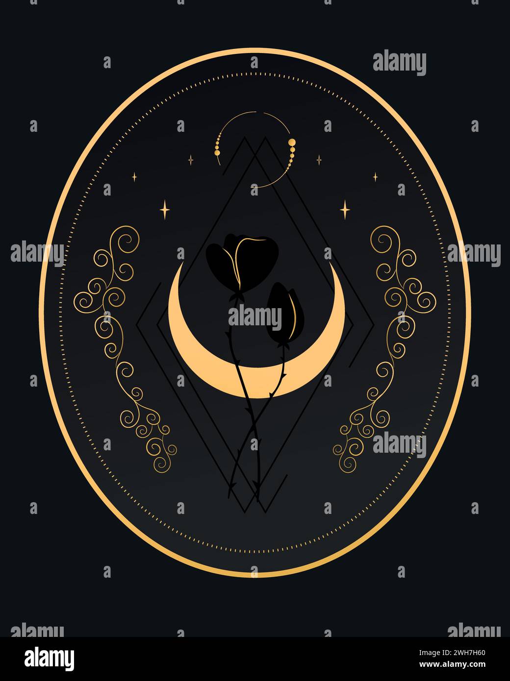 Emblème céleste abstrait avec un croissant, des étoiles et des fleurs sur fond noir. Illustration vectorielle Illustration de Vecteur