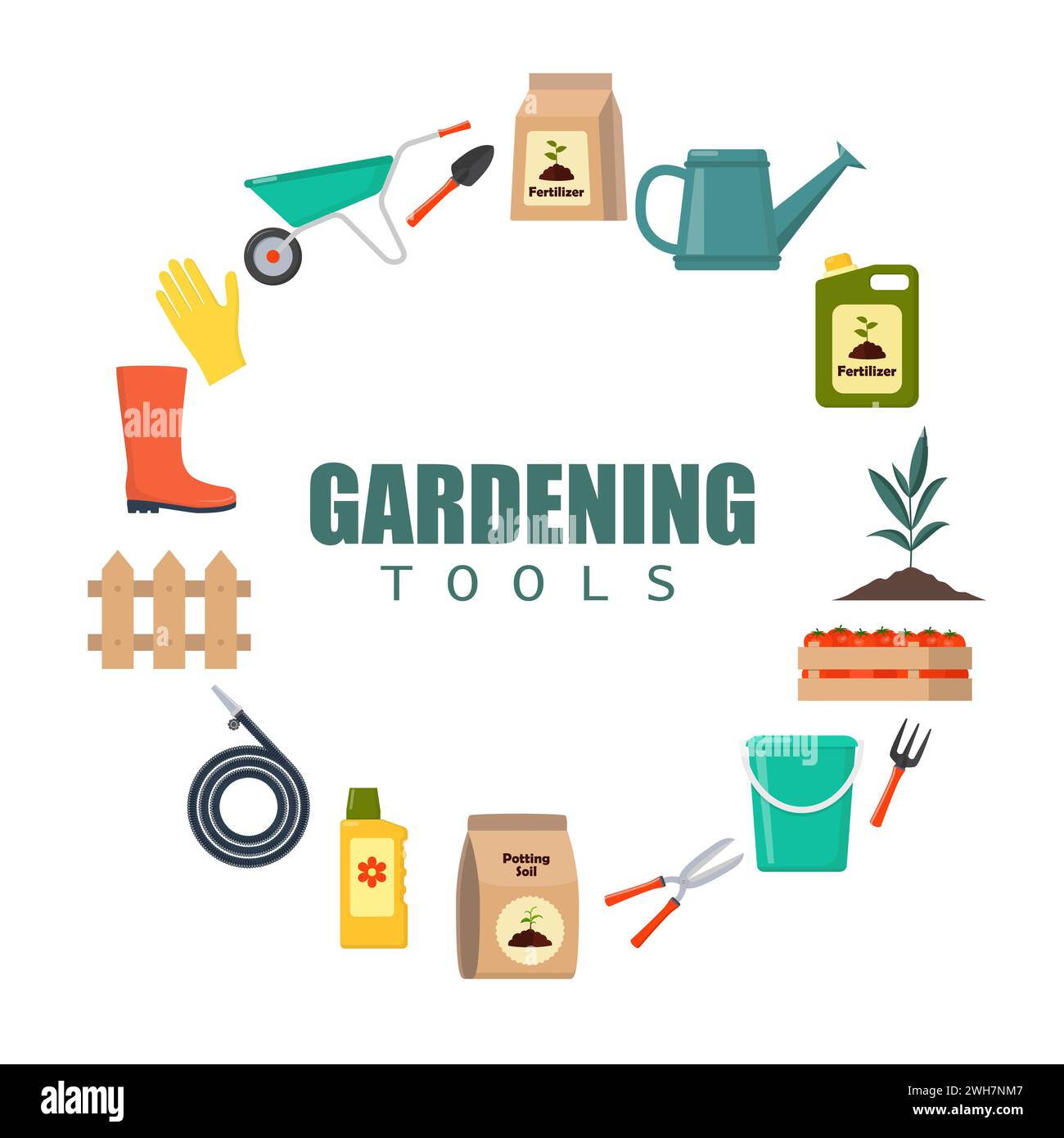 Outils et équipements de jardinage. Outils de jardin, équipement, processus de plantation, récolte. Illustration vectorielle de style plat Illustration de Vecteur