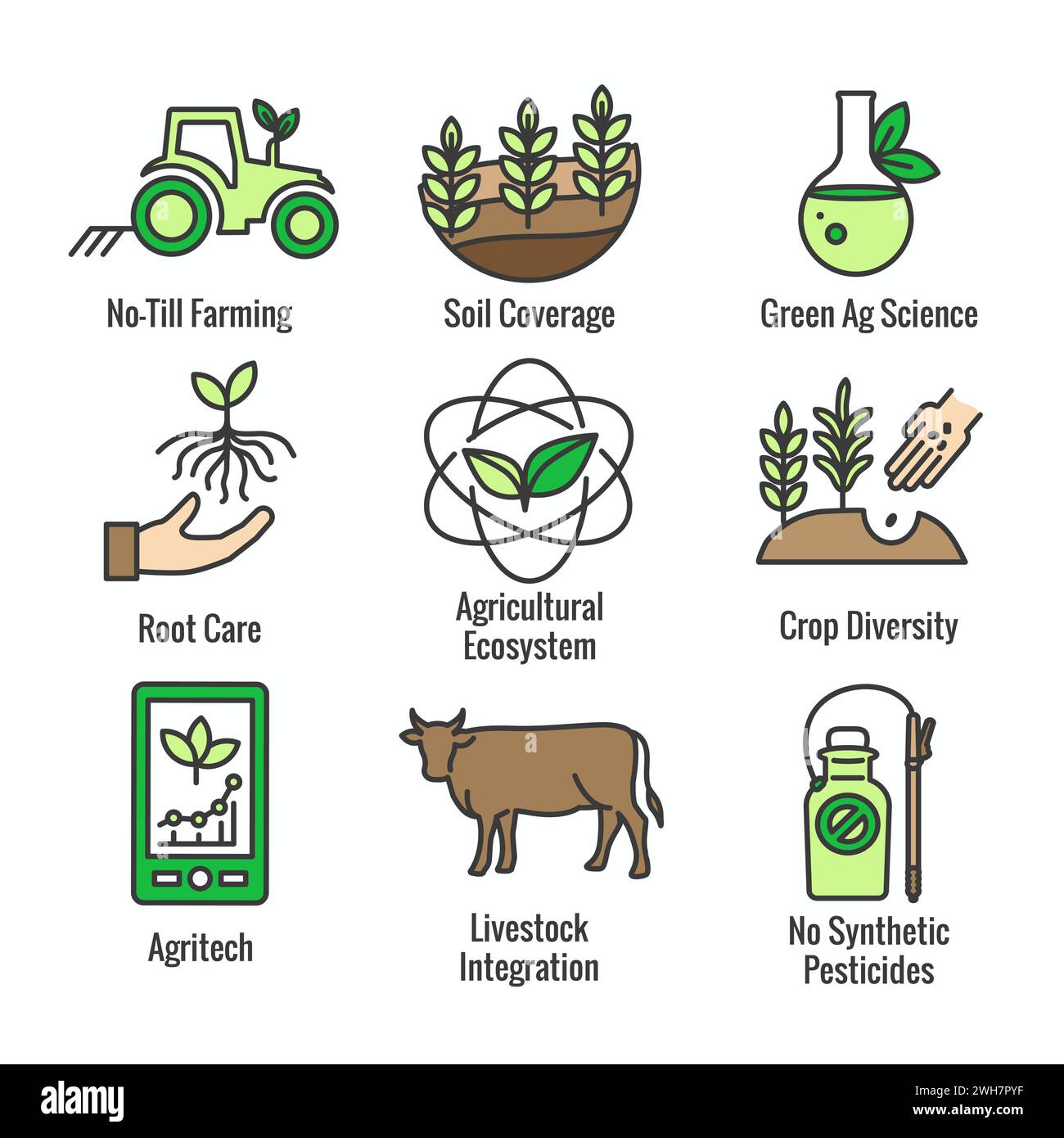 Jeu d'icônes d'agriculture durable avec maximisation de la couverture des sols et intégration d'exemples de bétail pour l'agriculture régénérative Illustration de Vecteur