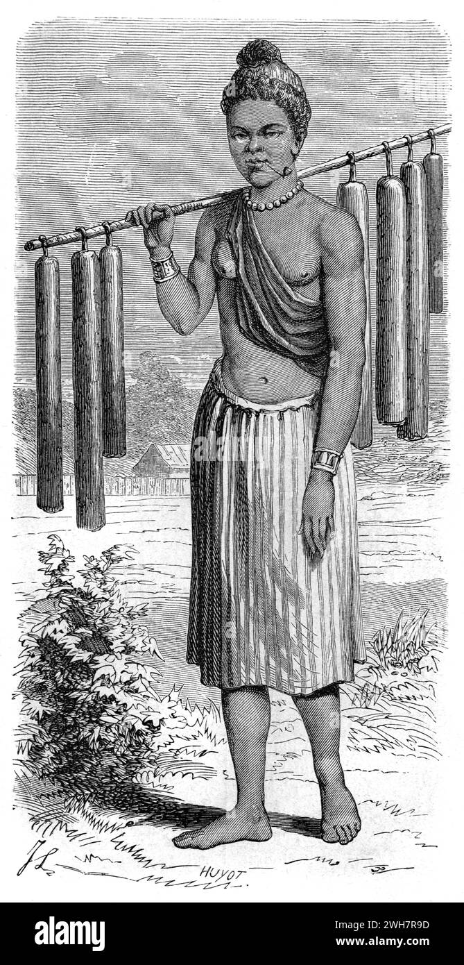 Lao ou femme laotienne portant des vêtements traditionnels Laos. Gravure vintage ou historique ou illustration 1863 Banque D'Images