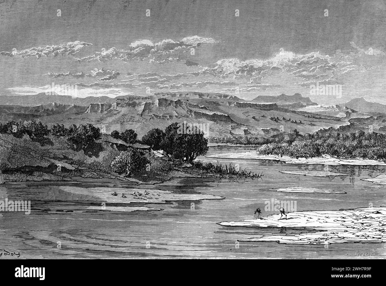 Rivière Guadalaviar, ou les cours supérieurs de la rivière Turia, et la chaîne de montagnes Montes Universales, Teruel, Aragon, Espagne. Gravure vintage ou historique ou illustration 1863 Banque D'Images