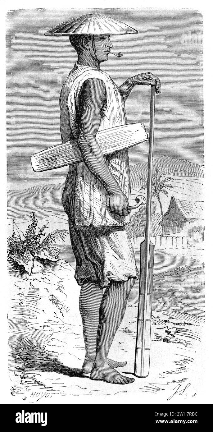 Lao ou laotien portant des vêtements traditionnels et chapeau conique asiatique ou Coolie Hat et tenant Paddle Laos. Gravure vintage ou historique ou illustration 1863 Banque D'Images