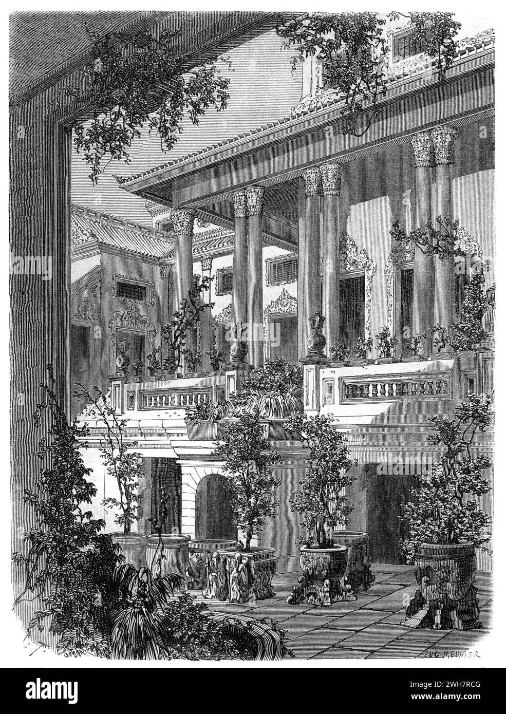 Bâtiments royaux dans le parc du Grand Palais ou Palais Royal et jardins Bangkok Thaïlande. Gravure vintage ou historique ou illustration 1863 Banque D'Images
