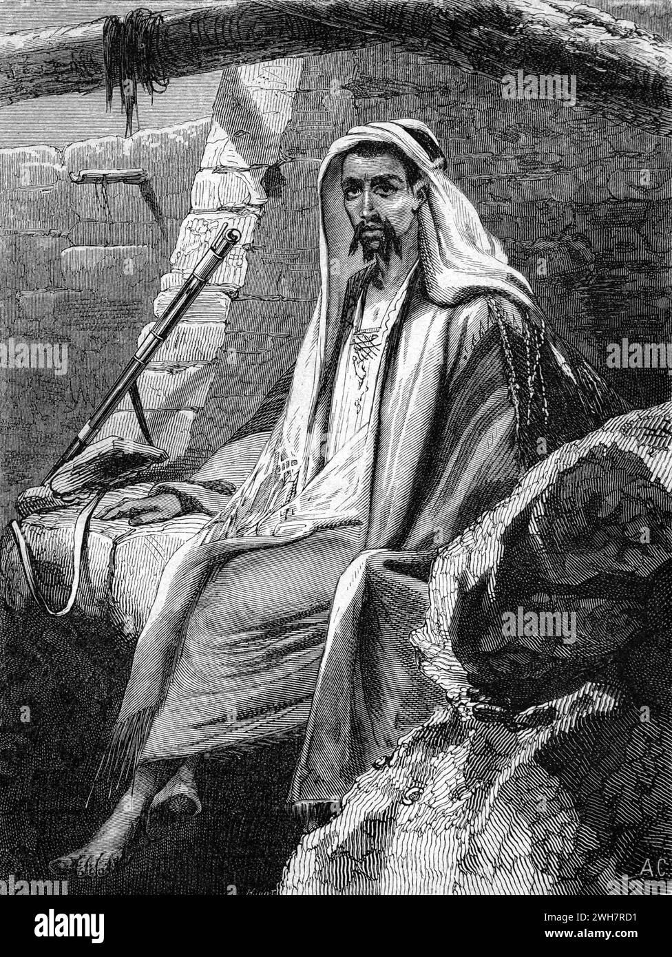 Veilleur de nuit, Garde ou gardien gardant la Kasbah, Casbah, Citadelle ou forteresse ou Ouargla dans le désert du Sahara Algérie. Gravure vintage ou historique ou illustration 1863 Banque D'Images